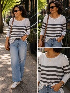 Chico's White and Dark Gray Striped Boatneck Long Sleeve Top